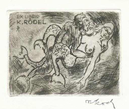 Exlibris by Rudolf Koch from Germany for Klaus Rödel - Erotica Mermaid Mythology 