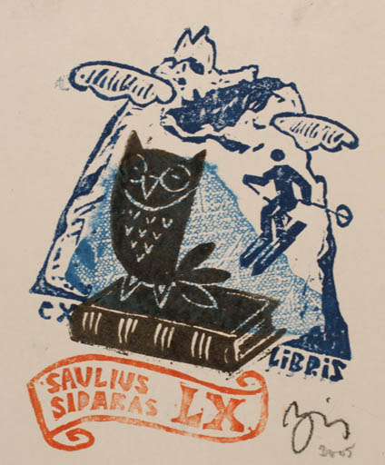 Exlibris by Valerijonas Vytautas Jucys from Lithuania for Saulius Sidaras - Mountain Book Sport/game Owl 