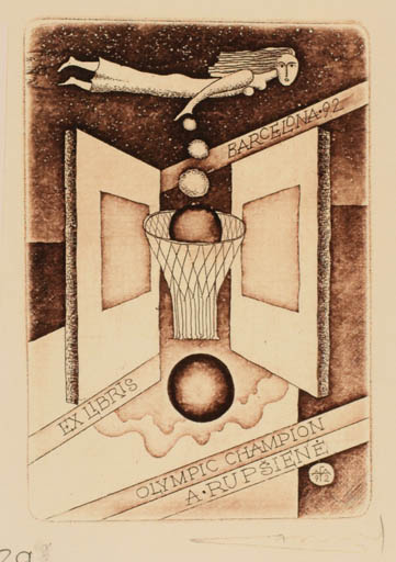 Exlibris by Alfonsas Cepaukas from Lithuania for A. Rupsiene - Woman Sport/game Surrealism 