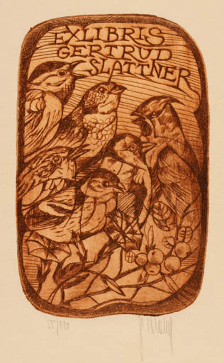 Exlibris by Pavel Hlavaty from Czechoslovakia for Gertrud Slattner - Bird 