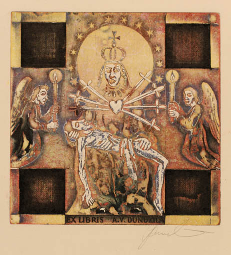 Exlibris by Antanas Kmieliauskas from Lithuania for A. V. Dundzila - Death Angel Man Religion 