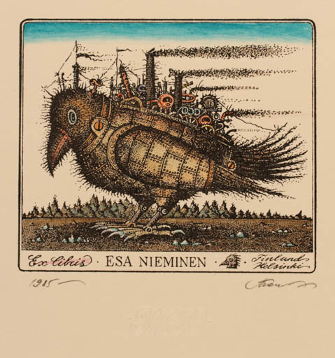 Exlibris by S.K. Tjukanow from Russia for ESA Nieminen - Bird Scenery/Landscape Surrealism Technology 