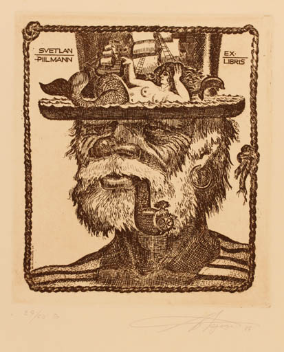 Exlibris by Vladimir Verechagin from Russia for Svetlan Pillmann - Mermaid Man Maritime Portrait 