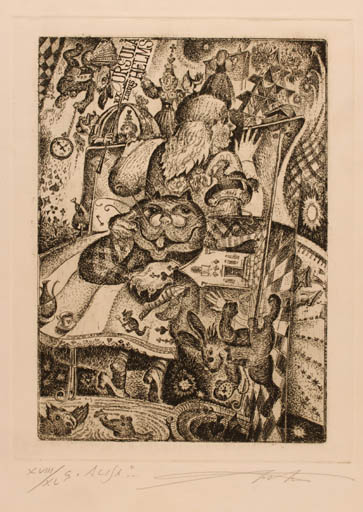 Exlibris by Vladimir Verechagin from Russia for Ursula Helms - Child Fairytale/fable Fauna Cat 