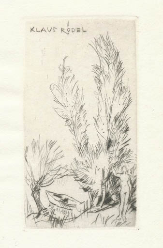 Exlibris by Rudolf Koch from Germany for Klaus Rödel - Woman Ship/Boat Tree 