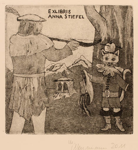 Exlibris by Marlene Neumann from Germany for Anna Stiefel - Cat Man 