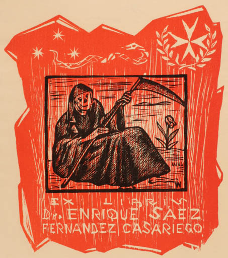 Exlibris by Remo Wolf from Italy for Dr. Enrique Saez Fernadez Casariego - Death 
