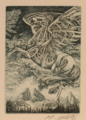 Exlibris by Josef Dudek from Czechoslovakia for Jaroslav Horanek - Scenery/Landscape Pegasus Surrealism 