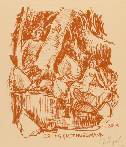 Exlibris by Rudolf Koch from Germany for Dr. H.G. Grothuesmann - Mermaid Man 