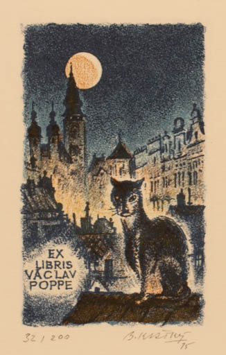 Exlibris by Bohumil Kratky from Czechoslovakia for Václav Poppe - City Cat 