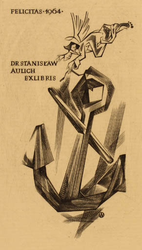 Exlibris by Wojciech Jakubowski from Poland for Dr. Stanislaw Aulich - Angel 