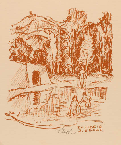 Exlibris by Rudolf Koch from Germany for J. E Baar - Woman Scenery/Landscape 