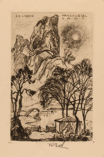 Exlibris by Rudolf Koch from Germany for Liesel u. Hans Laut - Mountain Scenery/Landscape 