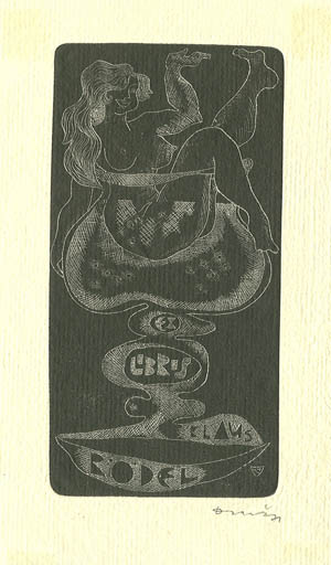 Exlibris by Jerzy Druzrycki from Poland for Klaus Rödel - Woman Nude Wine 