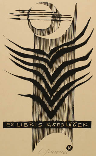 Exlibris by Ladislav Rusek from Czech Republic for Karel Sedlacek - Abstract Bird Sun 