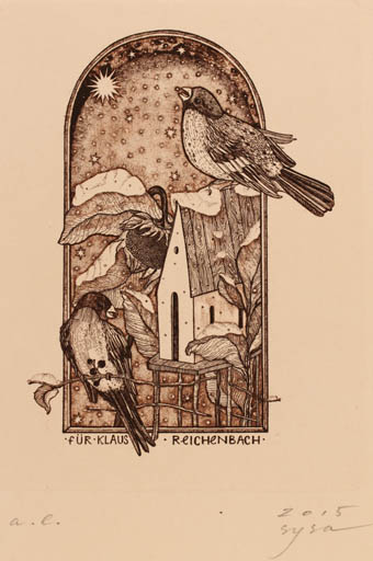 Exlibris by Oleksandra Sysa from Ukraine for Klaus Reichenbach - Bird Church 