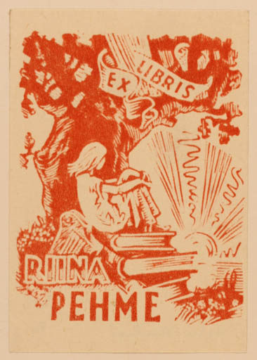 Exlibris by Asta Vender from Estonia for Riina Pehme - Book Woman Sun Tree 