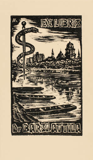 Exlibris by Kàroly Andrusko from Yugoslavia for Dr. Attila Barsi - City Scenery/Landscape Medicine Ship/Boat 