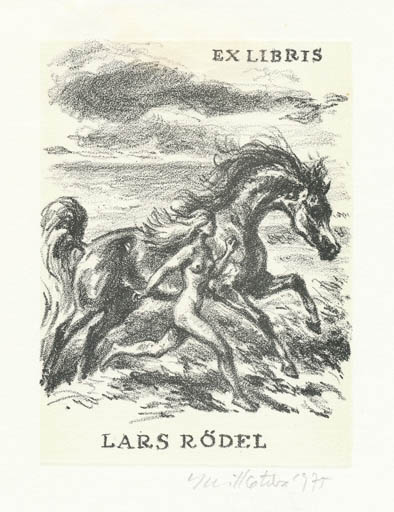 Exlibris by Emil Kotrba from Czechoslovakia for Lars Rödel - Horse Woman Scenery/Landscape 