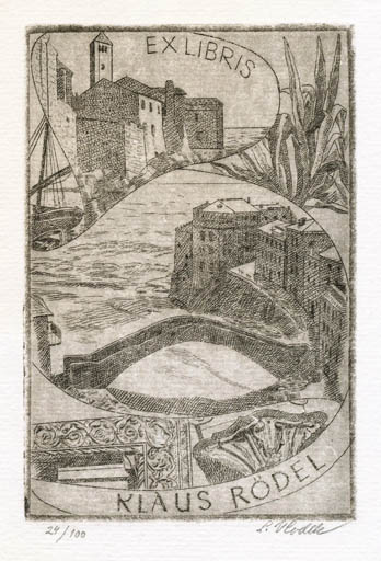 Exlibris by Ladislav Vlodek from Czechoslovakia for Klaus Rödel - City 